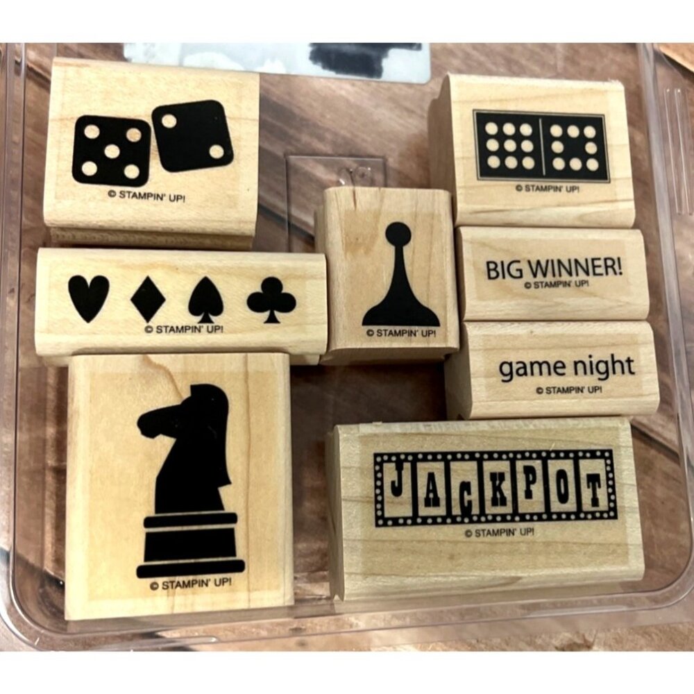STAMPIN' UP! 113220 GAME NIGHT Wood Mounted Rubber Stamp set DICE DOMINO SPADE - Picture 2 of 5